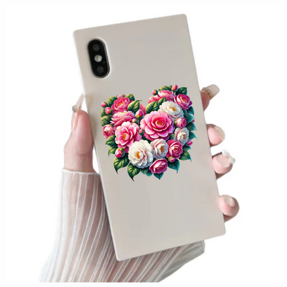 Pink Flowers Green Leaves Heart Shape Vinyl Sticker Decal