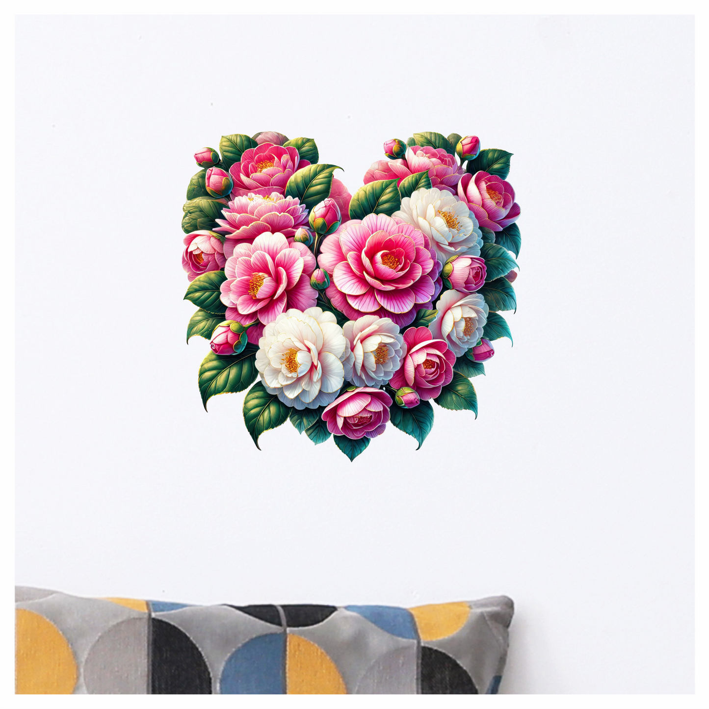 Pink Flowers Green Leaves Heart Shape Vinyl Sticker Decal