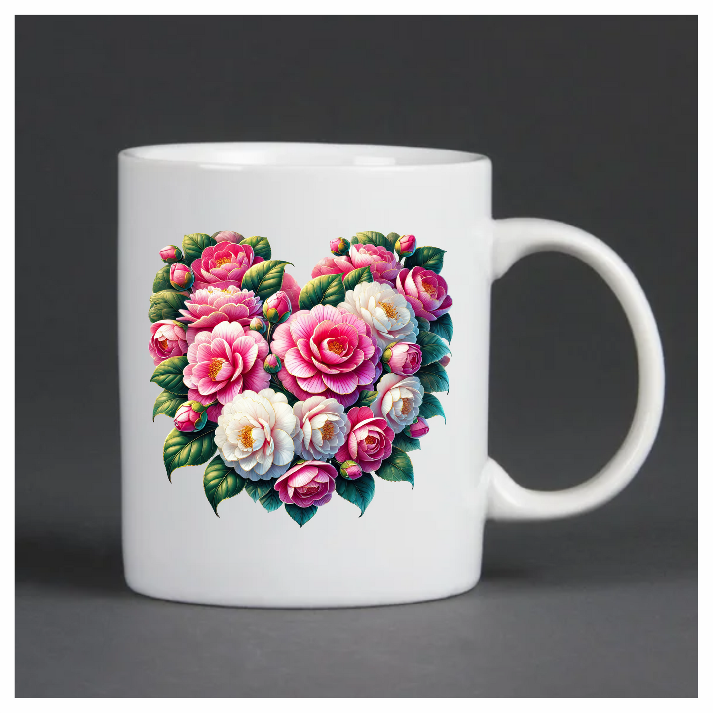 Pink Flowers Green Leaves Heart Shape Vinyl Sticker Decal