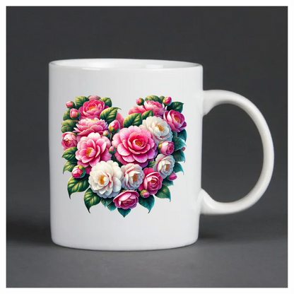 Pink Flowers Green Leaves Heart Shape Vinyl Sticker Decal