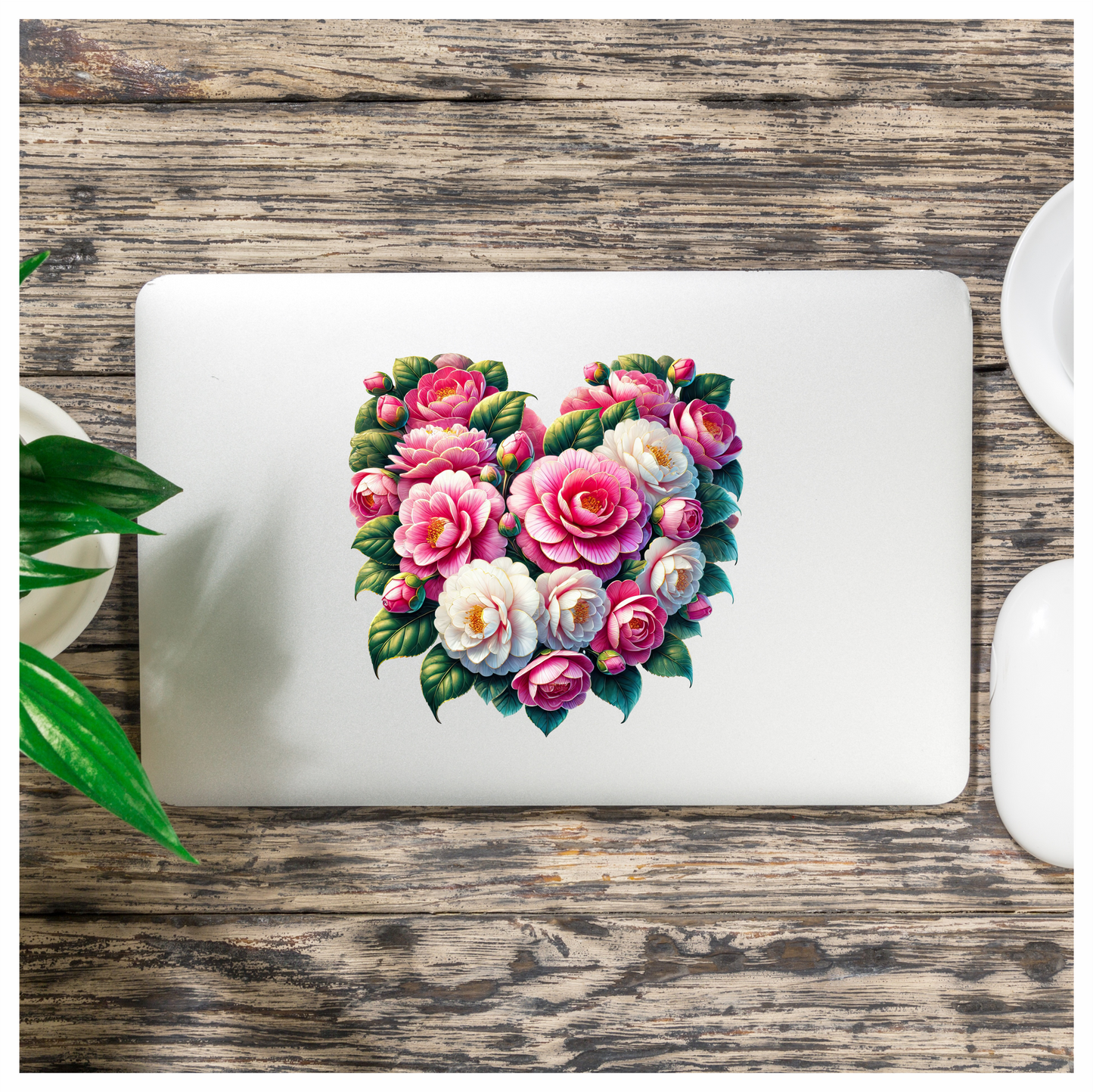 Pink Flowers Green Leaves Heart Shape Vinyl Sticker Decal