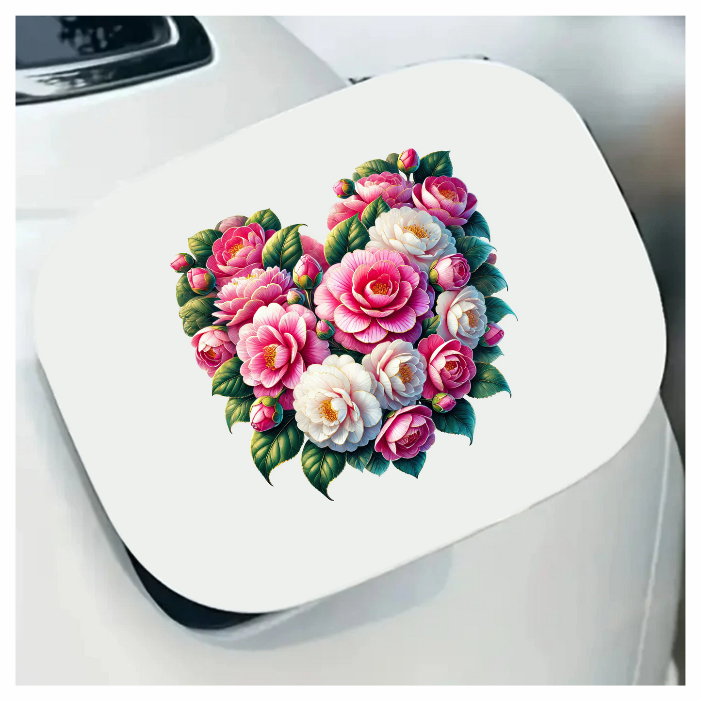 Pink Flowers Green Leaves Heart Shape Vinyl Sticker Decal