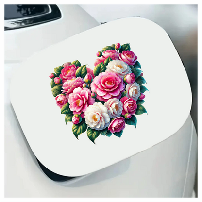 Pink Flowers Green Leaves Heart Shape Vinyl Sticker Decal