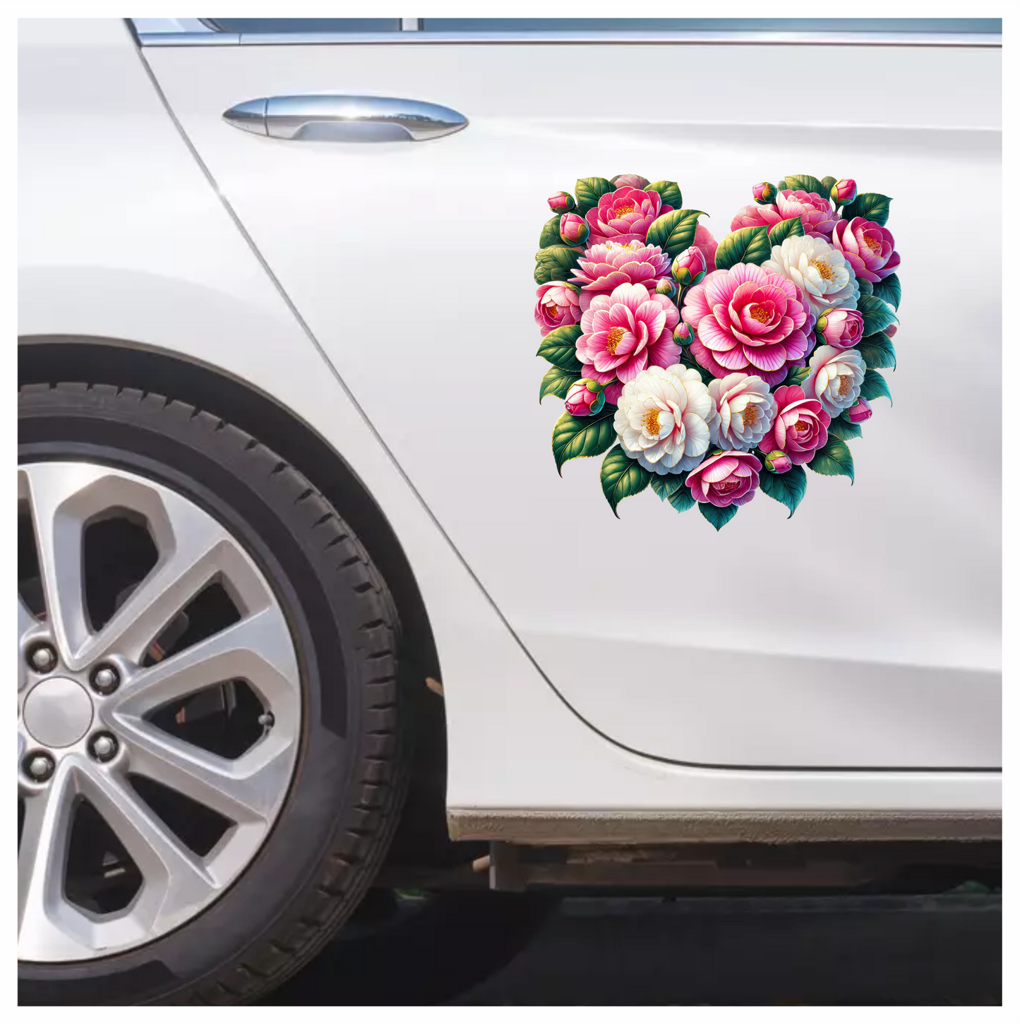 Pink Flowers Green Leaves Heart Shape Vinyl Sticker Decal