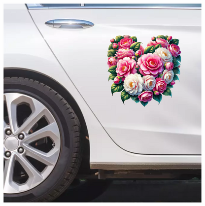 Pink Flowers Green Leaves Heart Shape Vinyl Sticker Decal