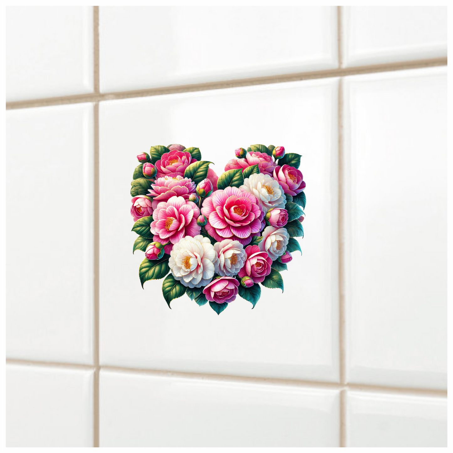 Pink Flowers Green Leaves Heart Shape Vinyl Sticker Decal