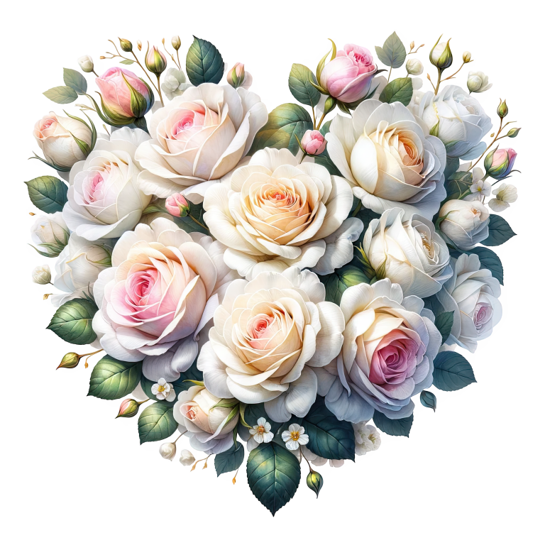 White Roses Pink Leaves Heart Shape Vinyl Sticker Decal