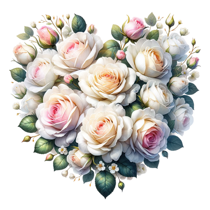 White Roses Pink Leaves Heart Shape Vinyl Sticker Decal