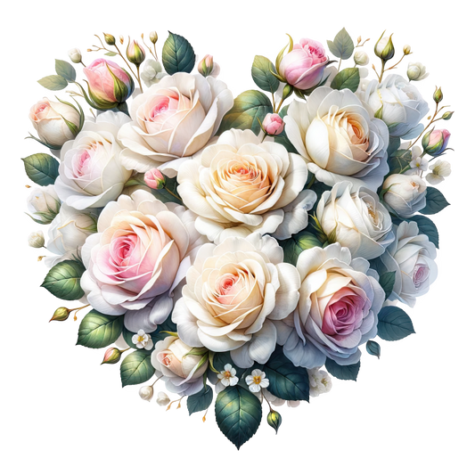 White Roses Pink Leaves Heart Shape Vinyl Sticker Decal