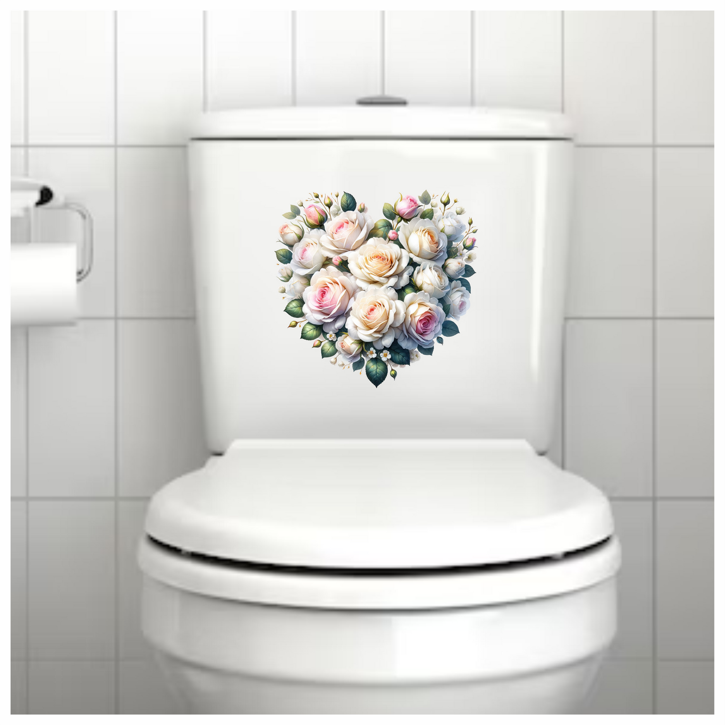 White Roses Pink Leaves Heart Shape Vinyl Sticker Decal