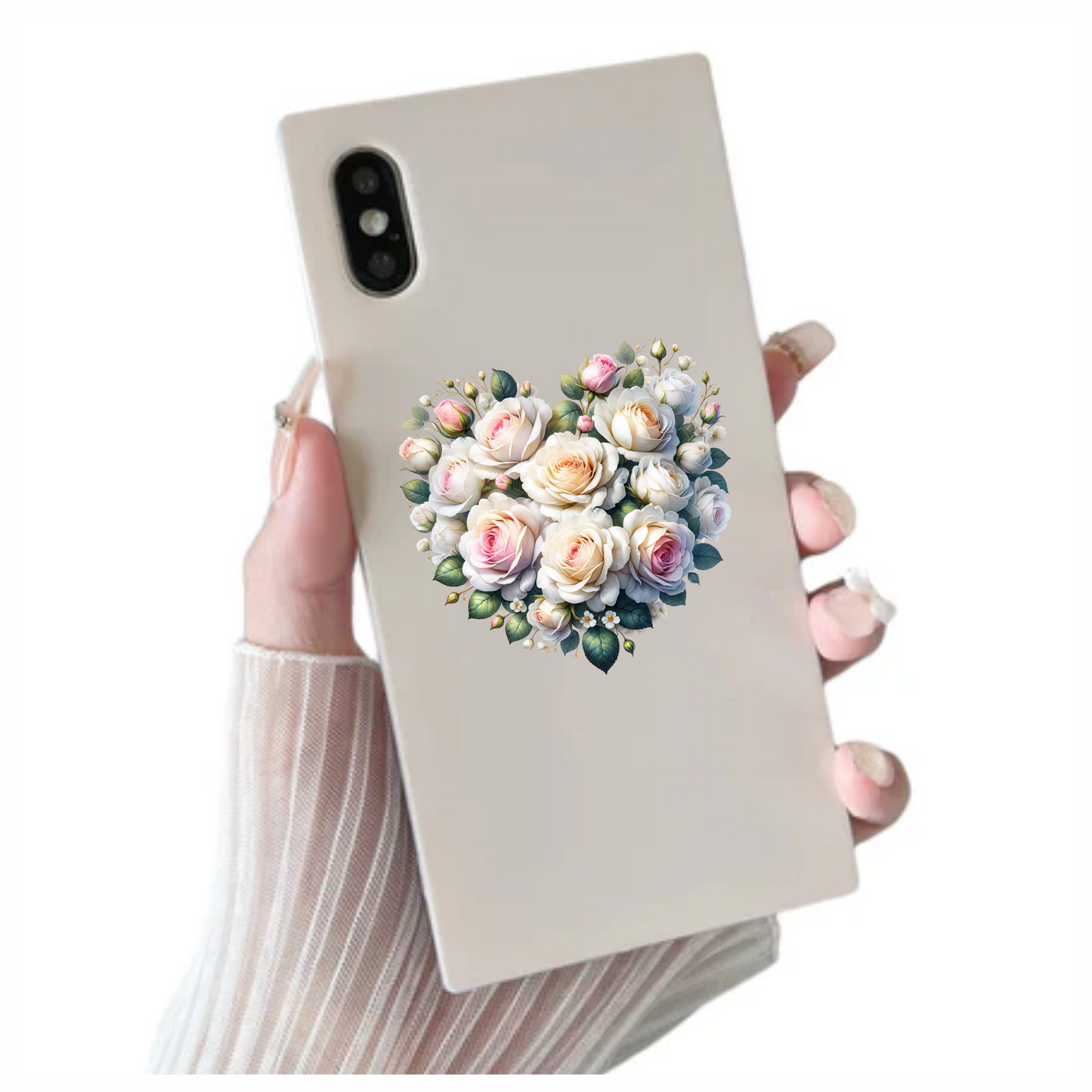 White Roses Pink Leaves Heart Shape Vinyl Sticker Decal