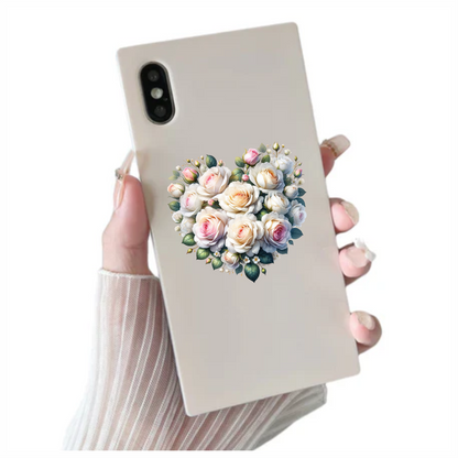 White Roses Pink Leaves Heart Shape Vinyl Sticker Decal