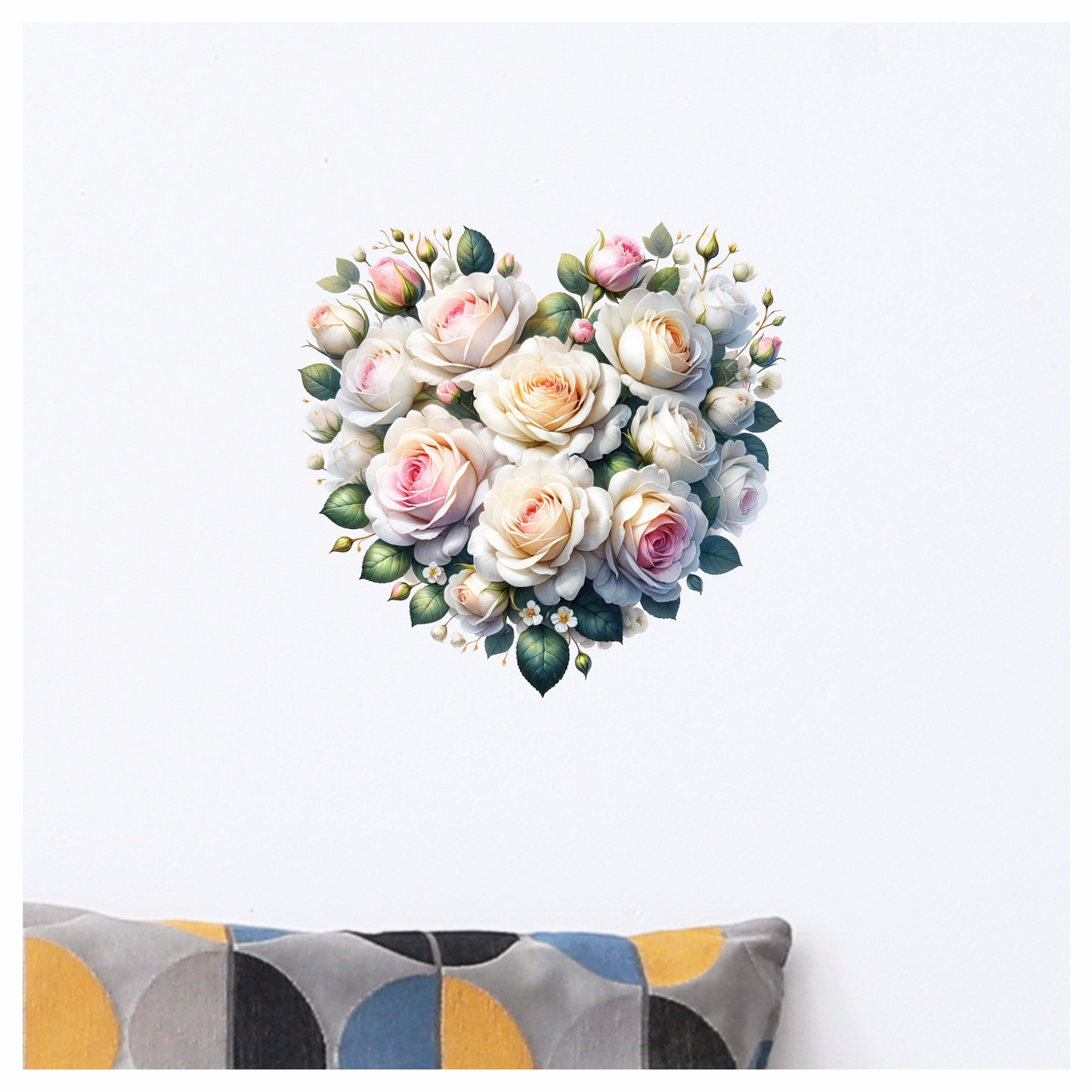 White Roses Pink Leaves Heart Shape Vinyl Sticker Decal