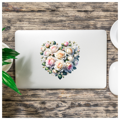 White Roses Pink Leaves Heart Shape Vinyl Sticker Decal