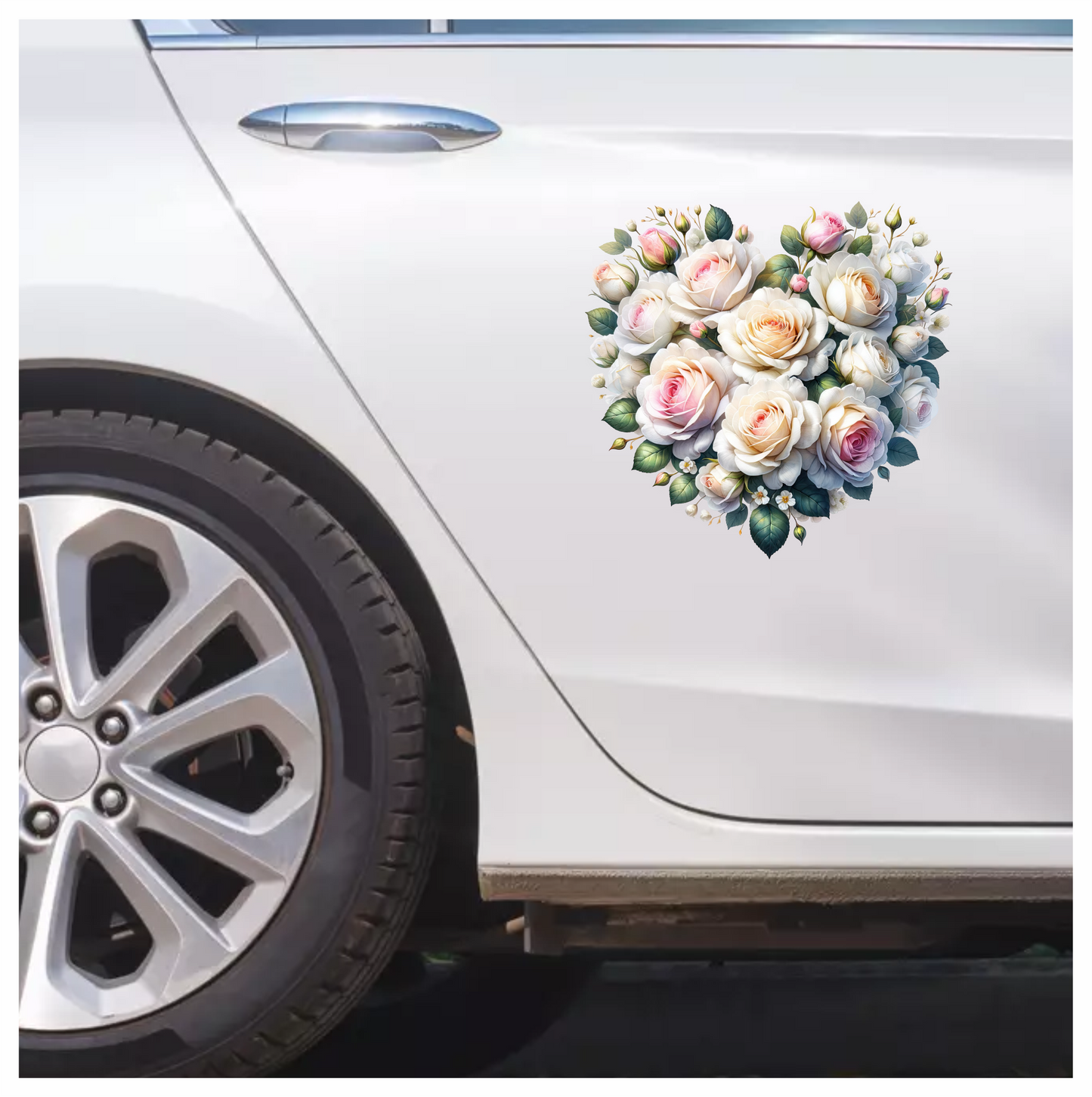 White Roses Pink Leaves Heart Shape Vinyl Sticker Decal