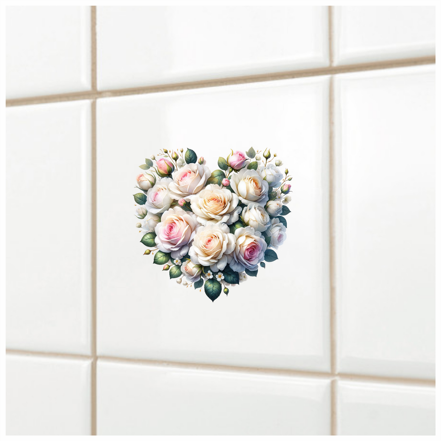 White Roses Pink Leaves Heart Shape Vinyl Sticker Decal