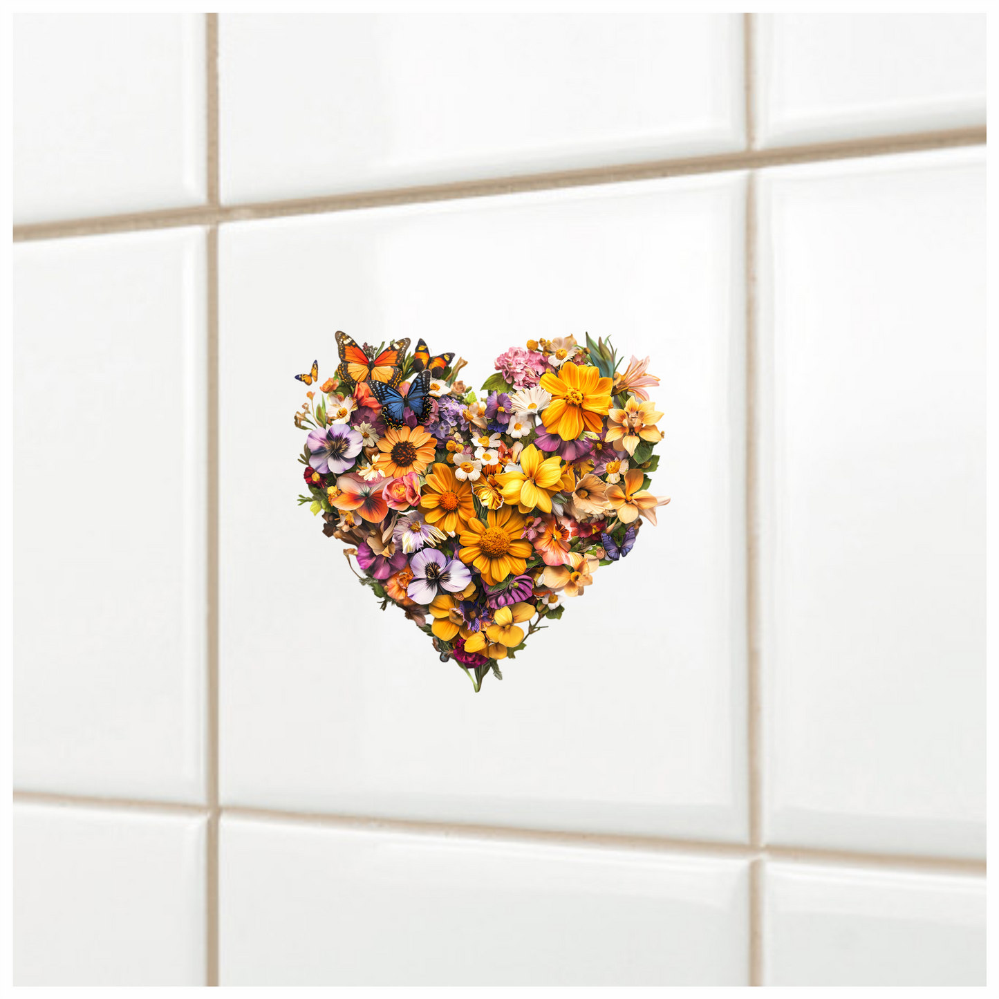 Yellow Flowers Butterflies Green Leaves Heart Vinyl Sticker Decal