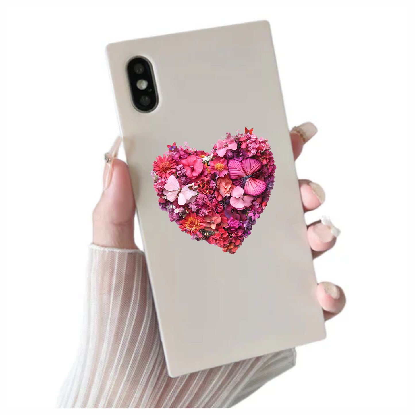Pink Flowers Butterflies Heart Shape Nature Vinyl Sticker Decal