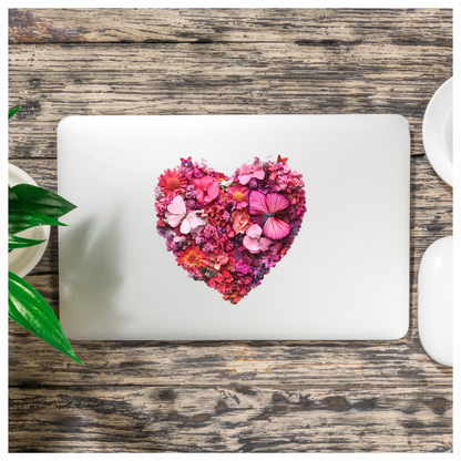 Pink Flowers Butterflies Heart Shape Nature Vinyl Sticker Decal