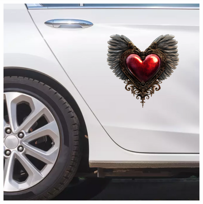 Red Heart Wings Ornate Gold Feather Vinyl Sticker Decal