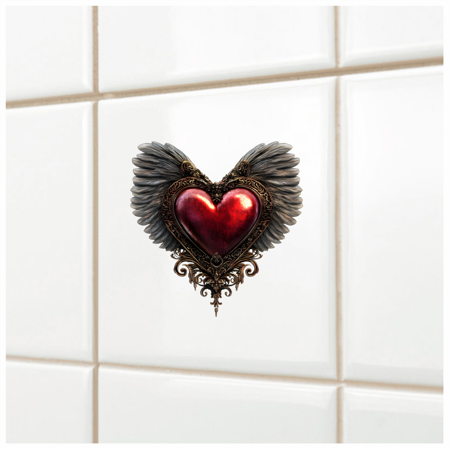 Red Heart Wings Ornate Gold Feather Vinyl Sticker Decal