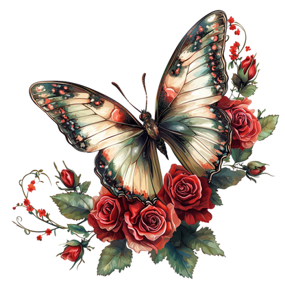 Butterfly Red Roses Green Leaves Vinyl Sticker Decal