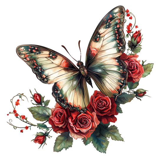 Butterfly Red Roses Green Leaves Vinyl Sticker Decal