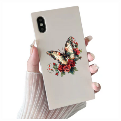 Butterfly Red Roses Green Leaves Vinyl Sticker Decal