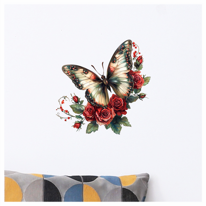 Butterfly Red Roses Green Leaves Vinyl Sticker Decal