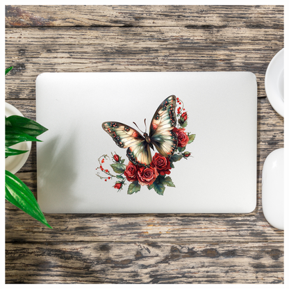 Butterfly Red Roses Green Leaves Vinyl Sticker Decal