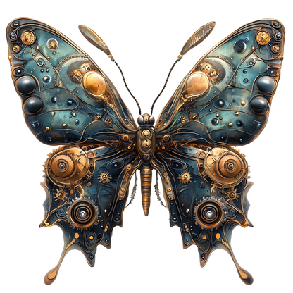 Blue Butterfly Steampunk Mechanical Metallic Vinyl Sticker Decal