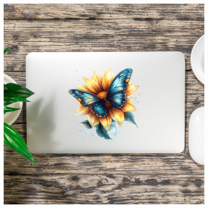 Butterfly Yellow Flower Blue Color Vinyl Sticker Decal