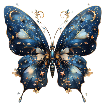 Blue Butterfly Intricate Wings Flowers Stars Vinyl Sticker Decal