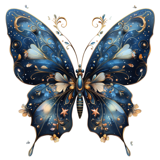 Blue Butterfly Intricate Wings Flowers Stars Vinyl Sticker Decal