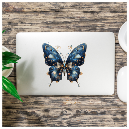 Blue Butterfly Intricate Wings Flowers Stars Vinyl Sticker Decal