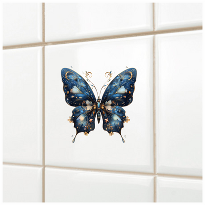 Blue Butterfly Intricate Wings Flowers Stars Vinyl Sticker Decal