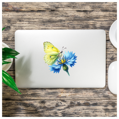 Yellow Butterfly Blue Flower Vinyl Sticker Decal