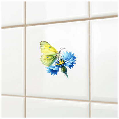 Yellow Butterfly Blue Flower Vinyl Sticker Decal