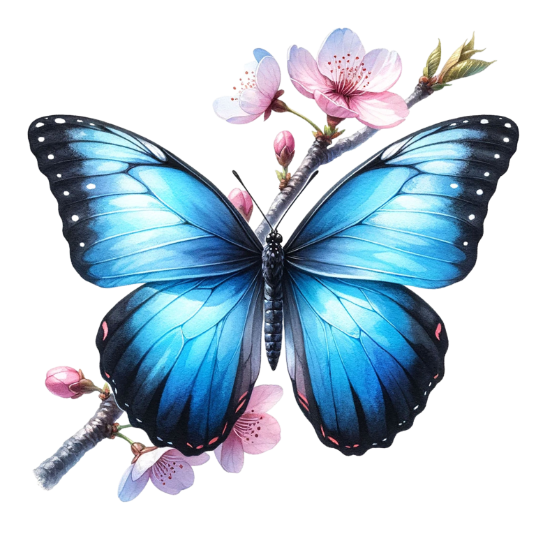 Blue Butterfly Pink Flowers Tree Branch Vinyl Sticker Decal
