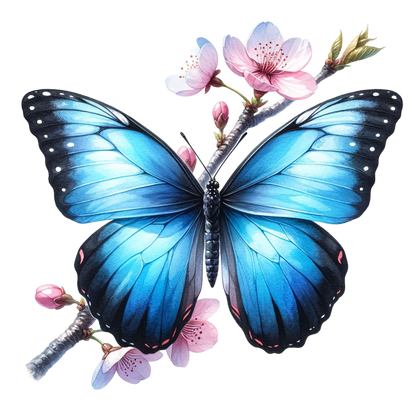 Blue Butterfly Pink Flowers Tree Branch Vinyl Sticker Decal