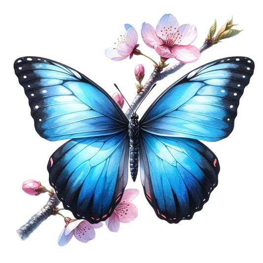 Blue Butterfly Pink Flowers Tree Branch Vinyl Sticker Decal