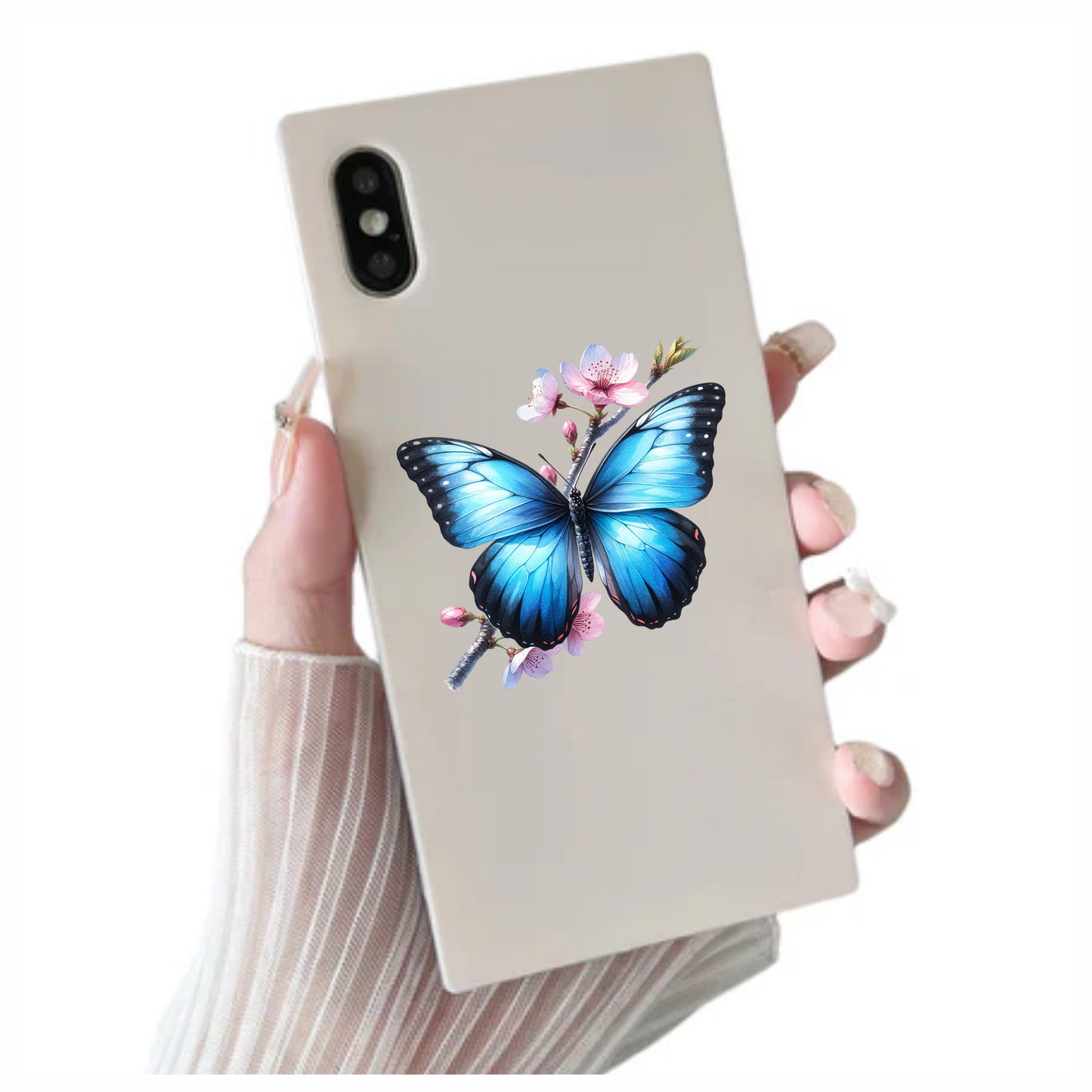 Blue Butterfly Pink Flowers Tree Branch Vinyl Sticker Decal