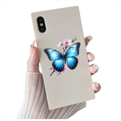 Blue Butterfly Pink Flowers Tree Branch Vinyl Sticker Decal