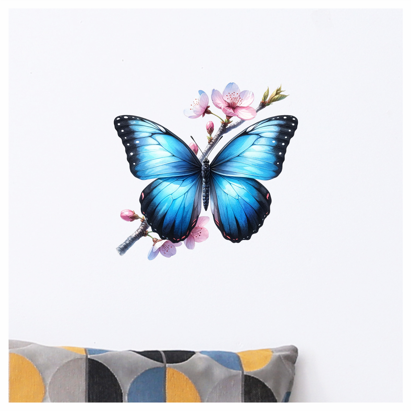 Blue Butterfly Pink Flowers Tree Branch Vinyl Sticker Decal