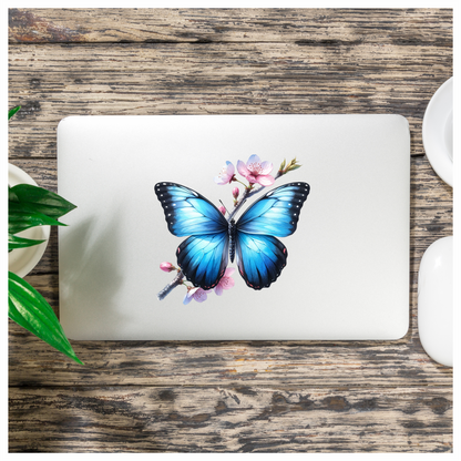 Blue Butterfly Pink Flowers Tree Branch Vinyl Sticker Decal