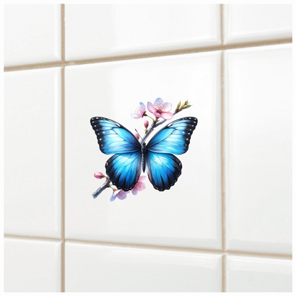 Blue Butterfly Pink Flowers Tree Branch Vinyl Sticker Decal