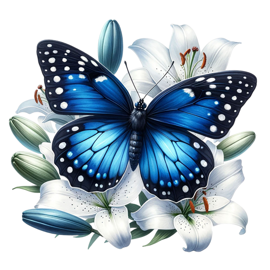 Blue Butterfly White Lily Flowers Nature Vinyl Sticker Decal