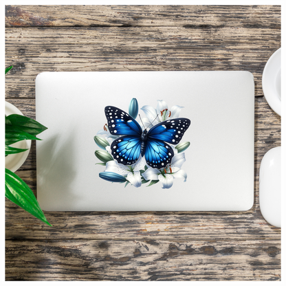 Blue Butterfly White Lily Flowers Nature Vinyl Sticker Decal