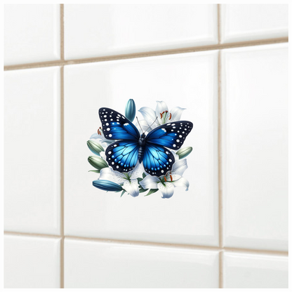 Blue Butterfly White Lily Flowers Nature Vinyl Sticker Decal