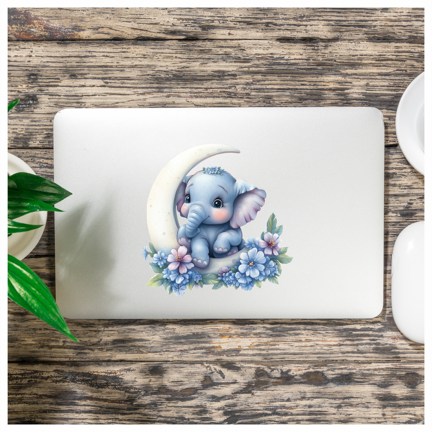 Blue Elephant Moon Flowers Vinyl Sticker Decal